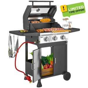 Outsunny 3 Burner Gas BBQ Trolley with See-through Lid