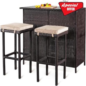 Gr8 Garden 3 Piece Brown Outdoor Patio Rattan Wicker Bar High Table 2 Stool Chairs Backyard Balcony Poolside Bistro Furniture Set with Hidden Storage Shelves