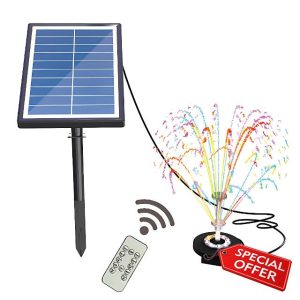 ERYUE Solar Water Pump with Colorful Light and Remote Controller 17pcs -layer Clear Nozzle Kit 7W Solar Fountain Pump Built-in 3000mAh Battery Max 400L/H Flow Insert-in Solar Pond Pump with 16ft Cable