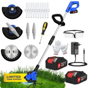 Cordless Strimmer 21V Battery Strimmer Lightweight Garden Strimmer with 2pcs Batteries&13pcs Blade&removable Wheels Brush Cutter Height adjustable Electric Strimmer for Gardens Lawns