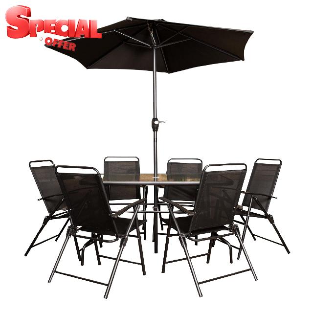 Samuel ALEXANDER Outdoor 6 Seater Glass Top Table and Chairs Patio Set with Parasol in Black
