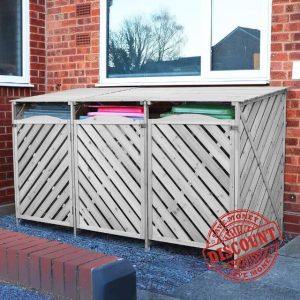 Jack Stonehouse Triple Wooden Bin Store | Large Outdoor Garden Wheelie Bin Storage for 3 Bins | Lift Lid | 218cm x 122cm (Grey)