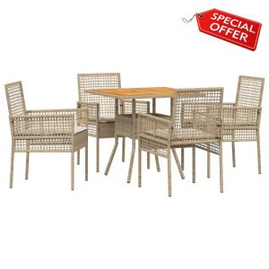 idaXL Outdoor Dining Set - 5-Piece Beige Rattan Effect Plastic Patio Furniture - Square 4-Seater Table with Chairs - Compact for Balcony/Garde