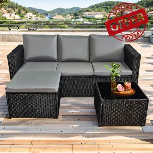 AOUXIN 3 Pieces Rattan garden furniture Patio Furniture Sets All Weather Outdoor Sectional Patio Sofa Manual Weaving Wicker Rattan Corner Sofa with Grey Cushions and Glass Table