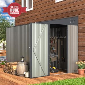 UNIONLINE 6x8ft Lean to Storage Shed | 182x245x203 cm | Metal Garden Shed | Waterproof Tool Shed | 4.4m² 7.6m³ | Lockable Door | Bike Shed for Backyard Patio | Garbage Can | Grey
