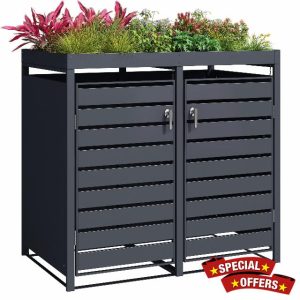 Double Wheelie Bin Steel Storage with Planter Roof - Anthracite Outdoor Trash Can Storage - Size 80D x 132W x 124H centimetres