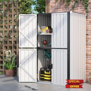 UNIONLINE Outdoor Tall Storage Garden Cabinet Shed with Adjustable Shelves | Weatherproof Outside Cupboard | Metal Garage Storage| 117x76x117cm| White