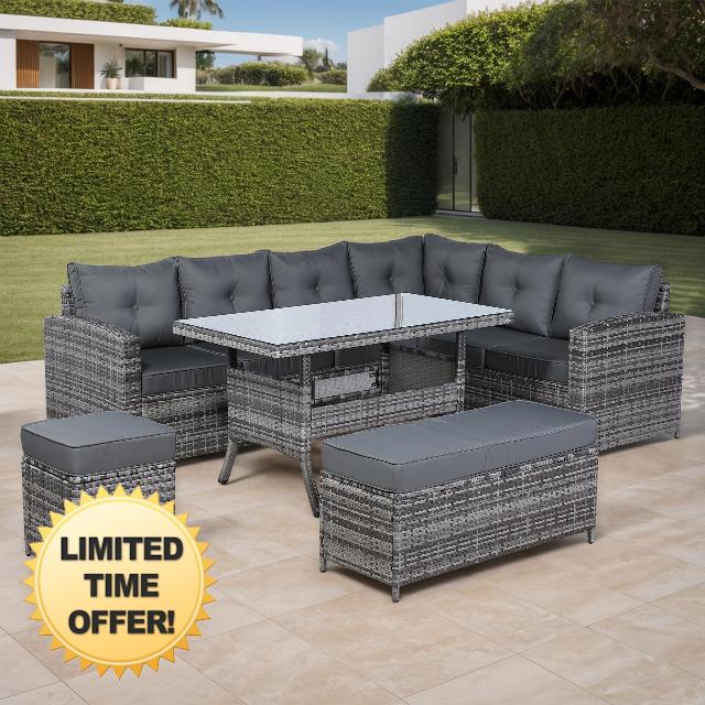 ULTRALAX Garden Furniture Right Hand Corner sets with Dinning Table in Grey Rattan Weave