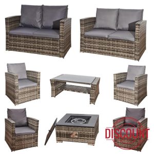 8 Seater Rattan Garden Furniture Corner Sofa Set Lounger Patio Weaving Wicker Conservatory Set 4 Armchairs 2 Double Seater Sofa 1 Fire Pit 1 Glass Dining Table & Cushions For Indoor | Outdoor Sittings