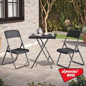 URBN GARDEN 3-Piece Black Rattan Folding Table & Chairs Set Compact Design for Outdoor Garden and Patio Spaces