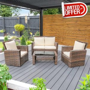 Harrier Rattan Garden Furniture Set – 4 Seater Garden Sofa & Table – Outdoor Patio Furniture with Optional Furniture Cover [Brown & Cream] (Without Cover)
