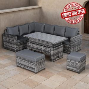 ULTRALAX Garden Furniture LEFT Hand Corner Sofa Set With Rising Table In Grey Rattan Weave