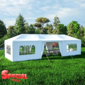 3×9M Gazebo Outdoor Party Tent with 8 Sidewall & Windows Marquee Garden Wedding Party Tent Waterproof Patio Canopy for Sun Rain Shelter