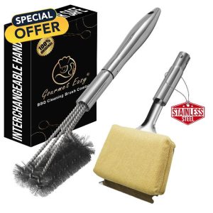 Stainless Steel BBQ Grill Brush Cleaning Kit - Interchangeable Wire Brush & Griddle Scraper with Fire-Resistant Sponge
