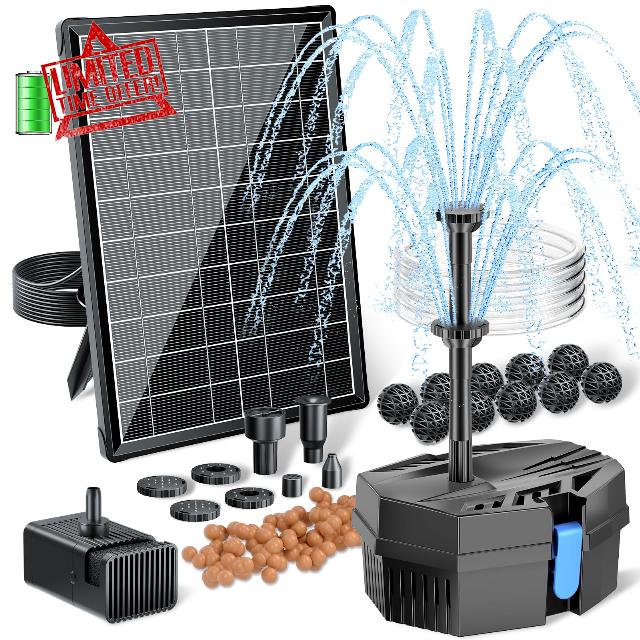 POPOSOAP Solar Fountain Pump with Pond Filter Kit Built-in 3000mAh Battery Backup