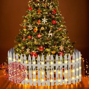 Sasylvia Christmas Wooden Tree Fence with LED String Light Xmas Wooden Picket Fence Holiday Indoor Garden Fence for Christmas Tree Garden Grass Lawn Party Decorations(Height 16 inch