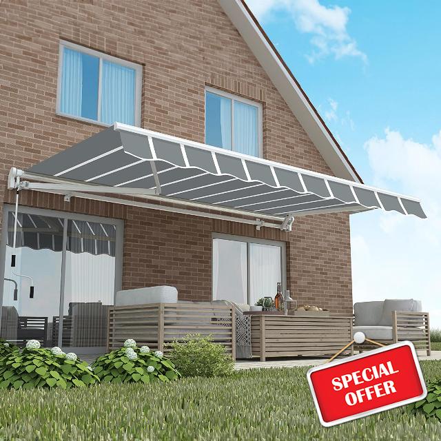 Primrose 4.0m Manual Awning - Pin Stripe Grey Mayfair DIY Patio Awning Gazebo Canopy (13ft 1") Complete with Fittings and Winder Handle