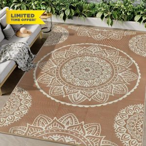 Famibay Large Outdoor Rugs for Garden Waterproof Reversible Outdoor Rug 180 x 270 cm Plastic Straw Rug Patio Carpet UV Resistant Portable Indoor Outdoor Area Rug for RV Balcony Picnic Brown Beige