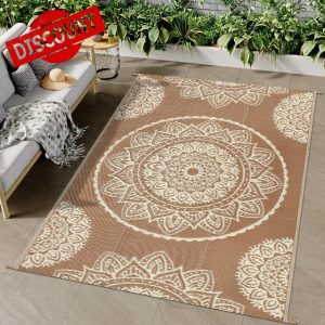 Famibay Outdoor Rugs for Patio Waterproof Garden Rug 150 x 245 cm Reversible Outdoor Rug Plastic Straw Outdoor Carpet UV Resistant Portable Indoor Outdoor Area Rug for RV Balcony Picnic Brown Beige