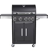 Black and stainless steel outdoor gas grill with multiple burners, side shelf, storage cabinet, and wheels for mobility.