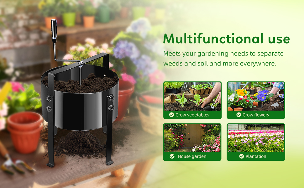 Cylindrical black compost sifter with efficiency stats: 50 minutes to 10 minutes. Shown with person sifting compost, highlighting time-saving and ease of use for gardening.