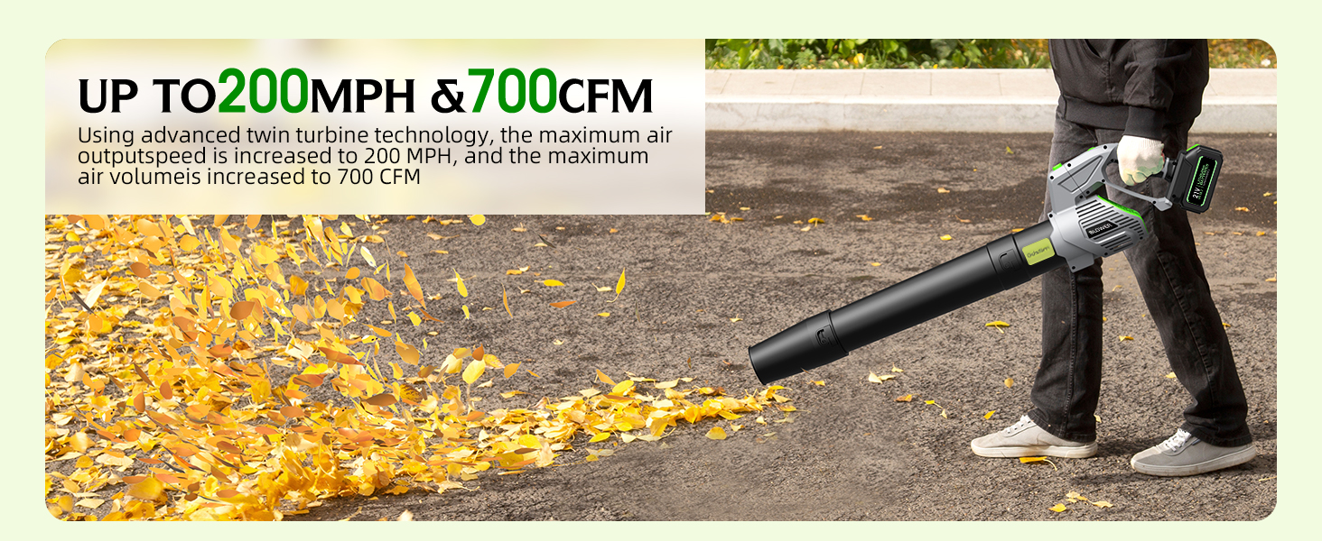 Comparison chart showing benefits of an electric leaf cleaning tool versus traditional blowers, with demonstration photos.