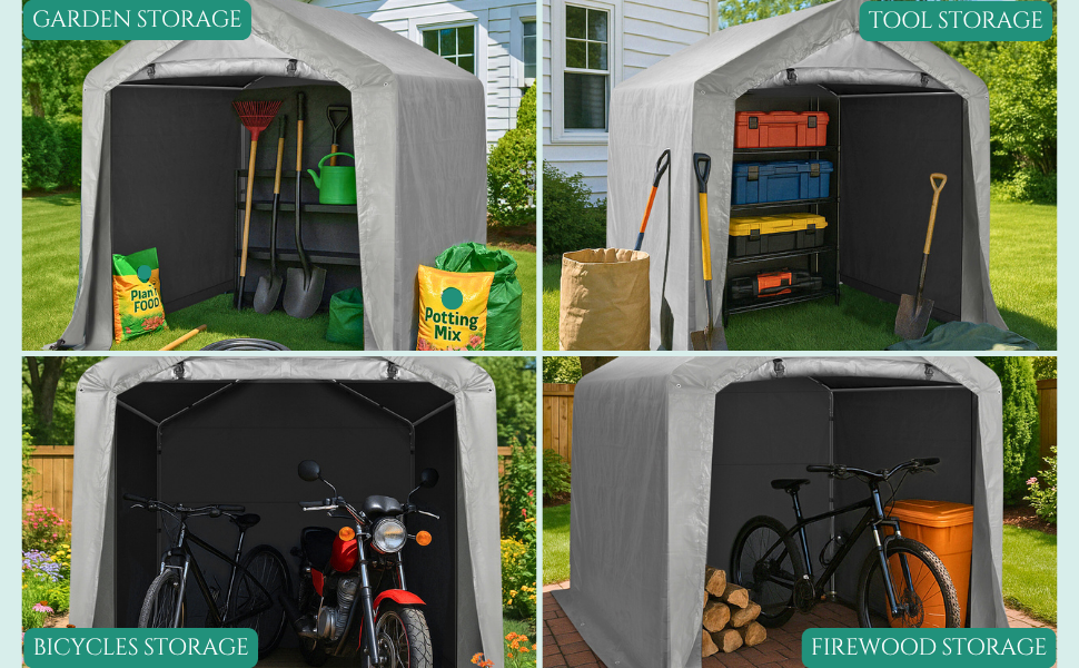 Multiple panel image showing different configurations of a pet enclosure or cage system in an outdoor setting, demonstrating various setup options and arrangements.