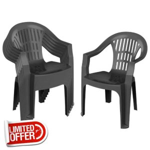 Harbour Housewares Milas Garden Dining Chairs - Anthracite - 6x Stackable Plastic High Back Outdoor Patio Bistro Balcony Armchair Seating Furniture Se