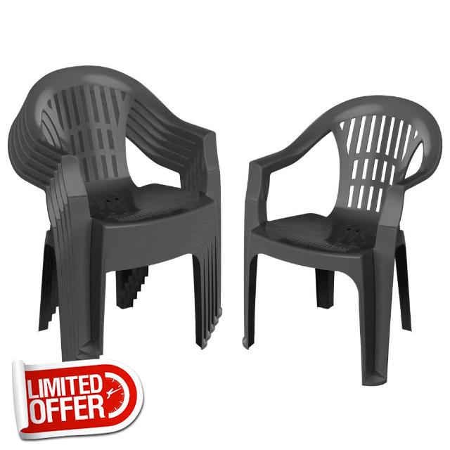 Harbour Housewares Milas Garden Dining Chairs - Anthracite - 6x Stackable Plastic High Back Outdoor Patio Bistro Balcony Armchair Seating Furniture Se