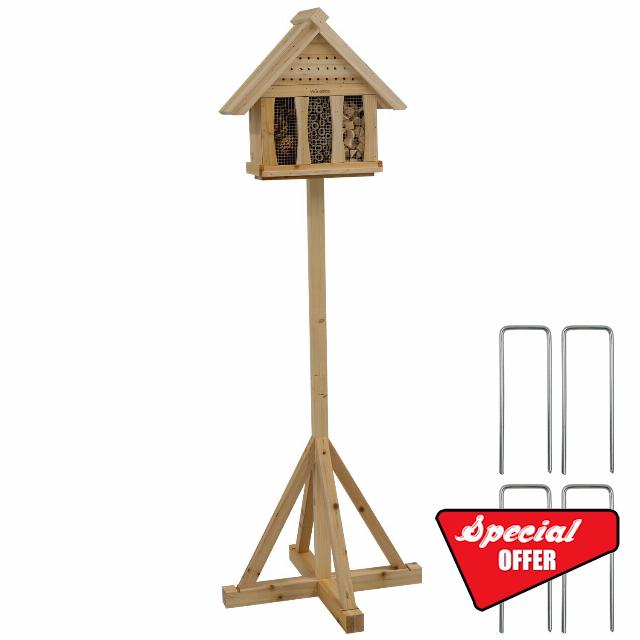 Woodside Wooden Standing Garden Insect House – Eco-Friendly Bee Hotel with 4 Compartments – Freestanding Bee & Bug Habitat with Ground Pegs