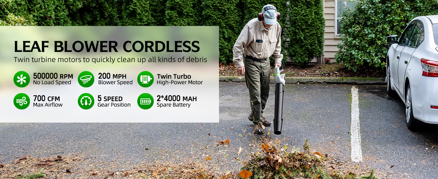Cordless leaf blower being used on autumn leaves. Device shown in action clearing outdoor spaces and pathways.