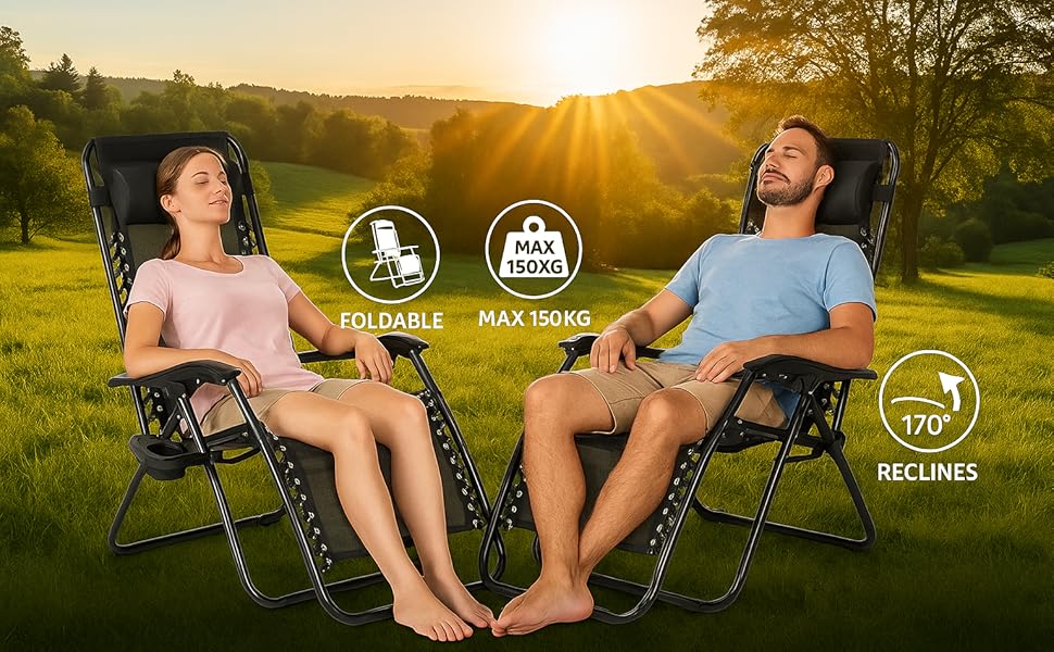 Outdoor camping chairs product photo with icon overlays showing features. Two chairs shown in use at sunset in grassy field with trees.