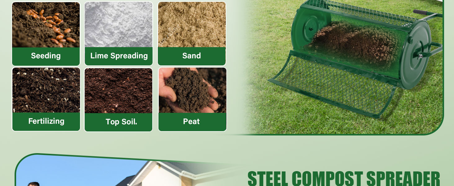 Garden spreader device shown on grass, with product specifications visible in multiple views.