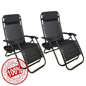 SHATCHI Set of 2 Zero Gravity Chair Heavy Duty Textoline Outdoor & Garden Sunloungers Folding Reclining Patio Chair Recliners with Cup Holder and Headrest Pillow for Poolside