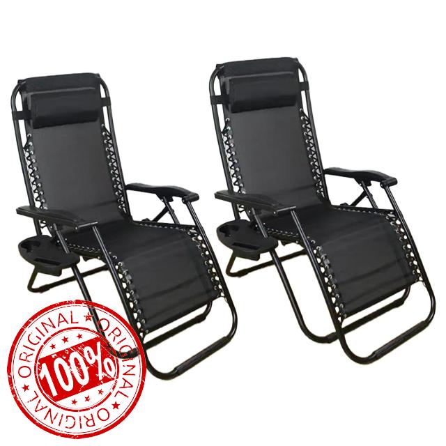 SHATCHI Set of 2 Zero Gravity Chair Heavy Duty Textoline Outdoor & Garden Sunloungers Folding Reclining Patio Chair Recliners with Cup Holder and Headrest Pillow for Poolside