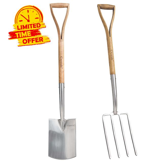 Crystals 2pc Garden Tool Set – Carbon Steel Digging Spade and Fork with Soft Grip Handles