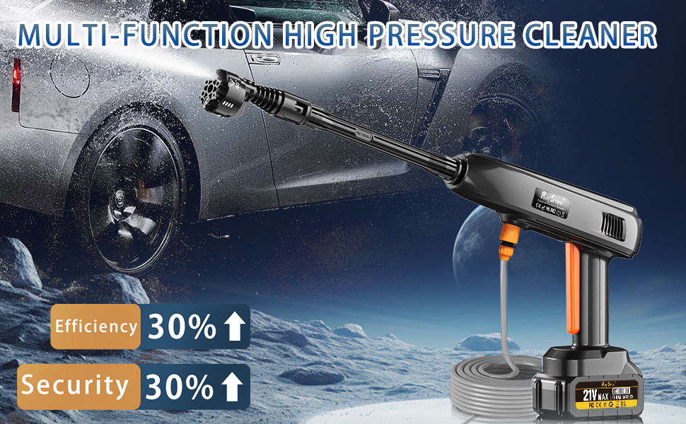 Text reads 'MULTIFUNCTION HIGH PRESSURE CLEANER' with '30%↑' indicators. Product shows handheld pressure washer device against blue space-themed background with car wheel.