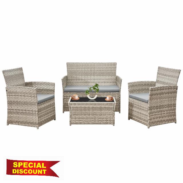 4-Piece Rattan Garden Furniture Set with Glass Coffee Table