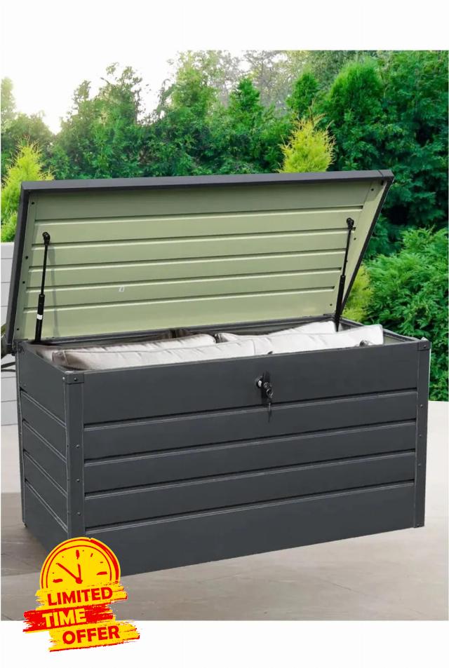 350L Extra Strong Metal Garden Storage Box – Weatherproof Outdoor Storage Chest with Lock & Hinged Lid – Durable Steel Design for Tools