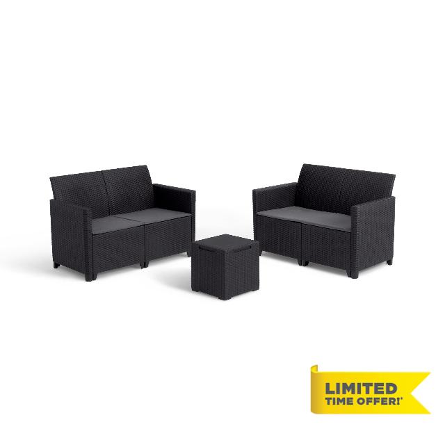 Keter Marie Outdoor Lounge Set | 2 Sofas + Vigo Storage Table + Cushions | Rattan-Effect Finish | Weatherproof Resin | 15-Min Easy Assembly | 3-Year Guarantee
