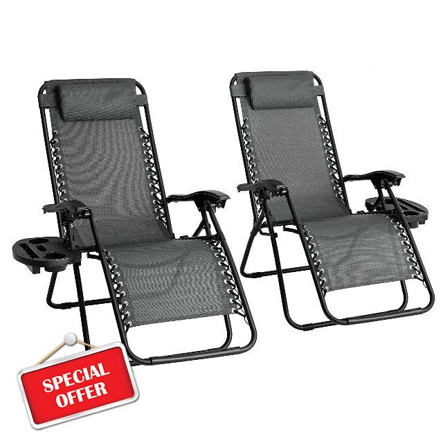 Straame Garden | Zero Gravity Chair | Set of 2 | Heavy Duty Textoline | Outdoor & Garden Sunloungers | Reclining & Folding Chair with Cup Holder and Headrest Pillow(Grey