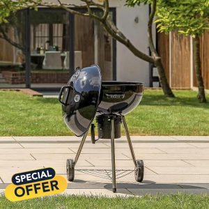 KOALZ Original Charcoal BBQ 22.5" | Portable Kettle Enamel Barbecue | Temperature Gauge | Airflow Vents | Extra Large Wheels | Removable Ash Catcher | Storage Shelf | Large Cooking Grill | Black