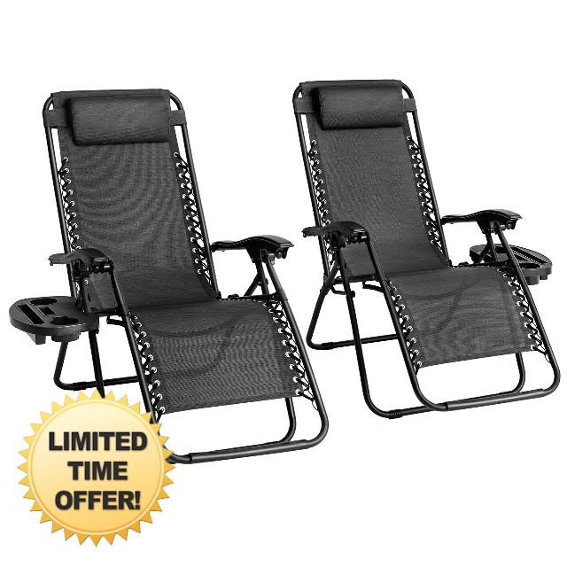 Straame Garden | Zero Gravity Chair | Set of 2 | Heavy Duty Textoline | Outdoor & Garden Sunloungers | Reclining & Folding Chair with Cup Holder and Headrest Pillow
