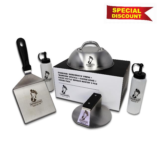 The Sasquash - 6" Heavy Duty Extra Wide Flat Handle Smashed Burger Press - Commercial Grade Welded Stainless Steel Burger Smasher (5pc Burger Master Kit)
