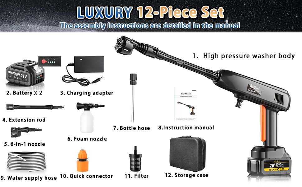 Luxury 12-piece pressure washer set with high-pressure washer body, batteries, charging adapter, extension rod, nozzles, hoses, manual, filter, and storage case. Components labeled and displayed on dark background.