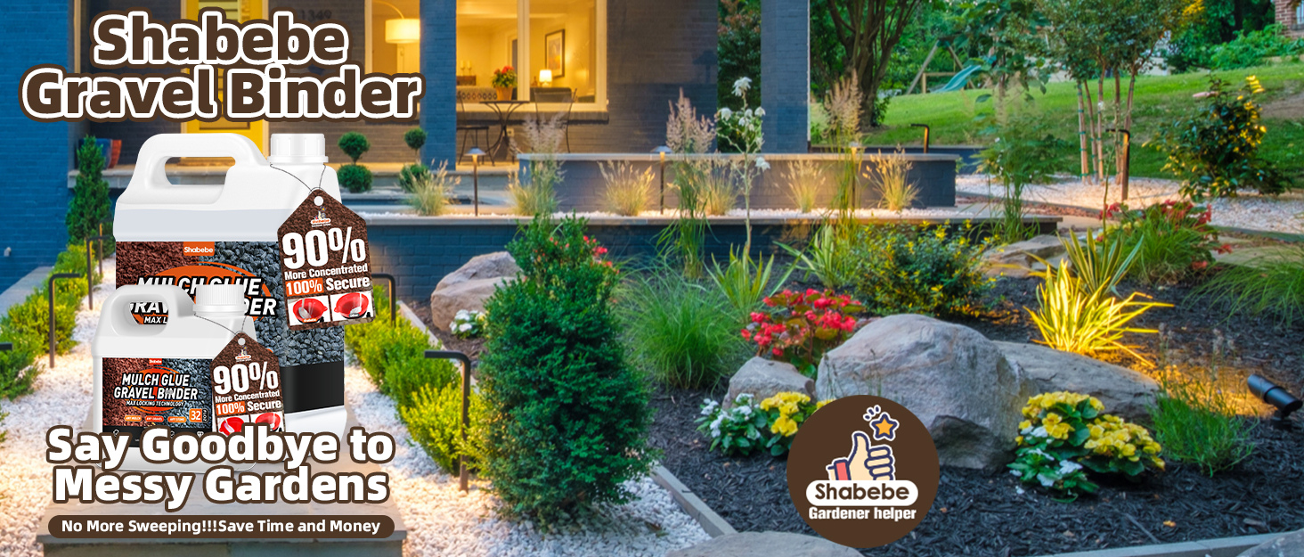 Text reads 'Sha-ha-be crazy blender' and 'Say goodbye to messy eating'. Outdoor landscaped garden area with rocks and plants, featuring promotional text overlays.