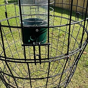 Outdoor metal frame structure or enclosure shown on grass from multiple angles, appearing to be a protective cage or garden installation.