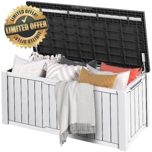 DWVO Outdoor Garden Storage Box|450L 142.1x67.6x60cm|Waterproof||Securely Lockable|Side Carry Handles|All Weather Resistant|Patio Resin Deck Box for Pillows