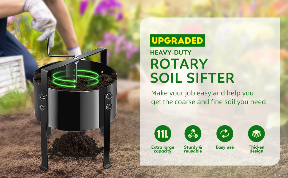 Heavy-duty rotary soil sifter with 11L capacity, shown in use. Features black cylindrical design with green sifting mechanism. Product highlights include sturdy, reusable construction and easy-use functionality.