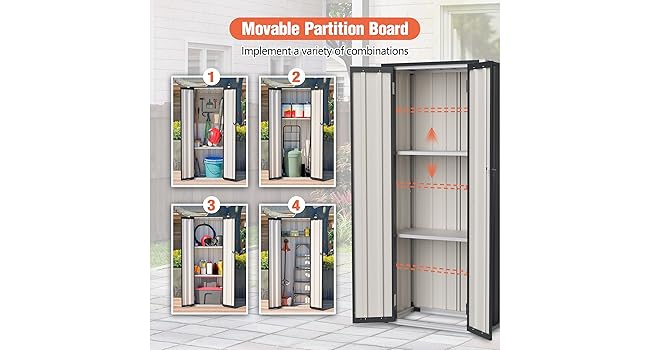 Series of outdoor storage solutions showing organized spaces with fitness equipment, garden tools, and household items.